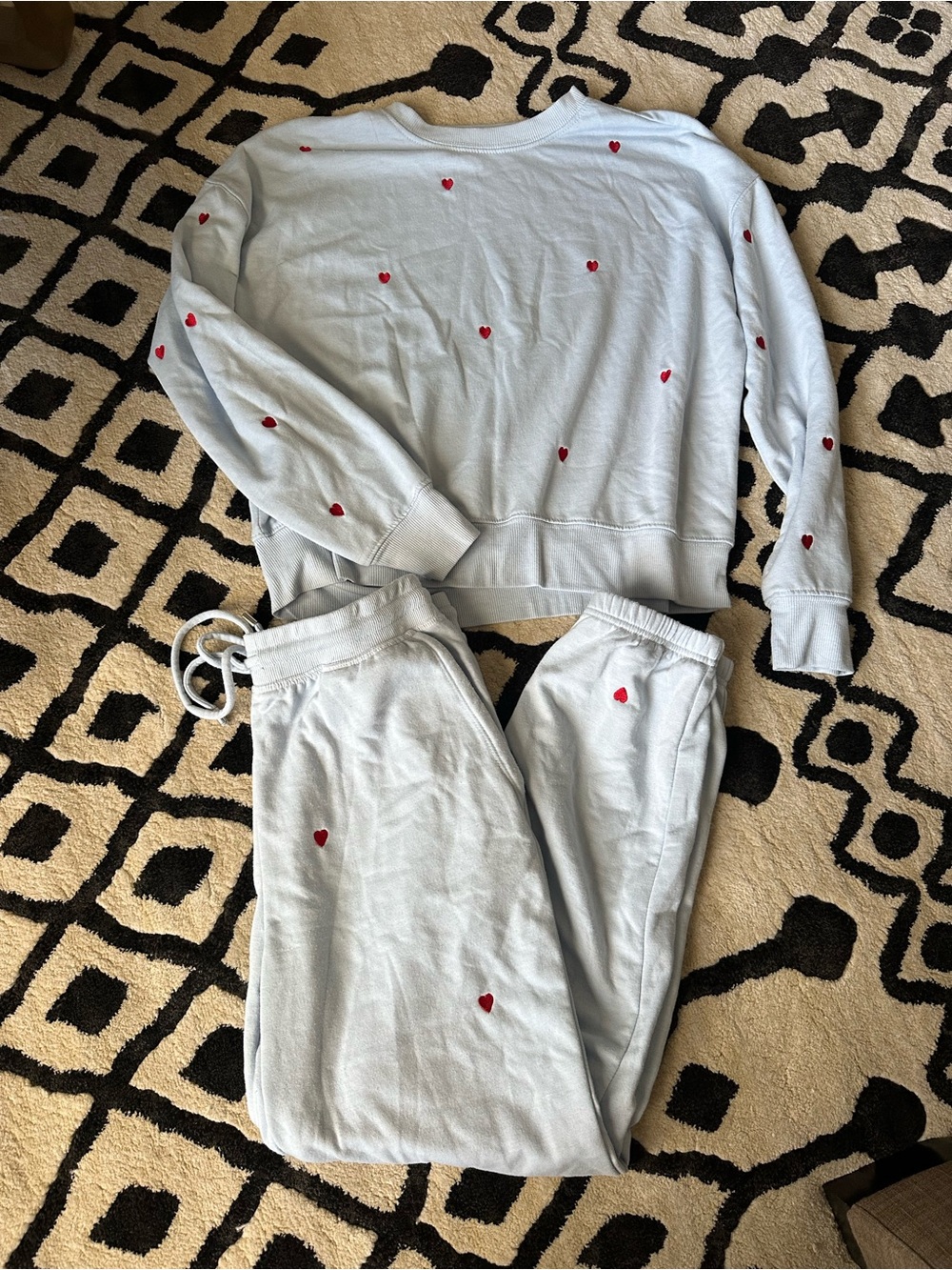 Cozy Light Blue Heart-Print Pajama Set - Women's Lounge Sweatshirt & Joggers